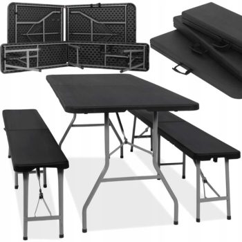   Összecsukható sörpad garnitúra - 180 cm (1 DB ASZTAL + 2 DB PAD) - fekete